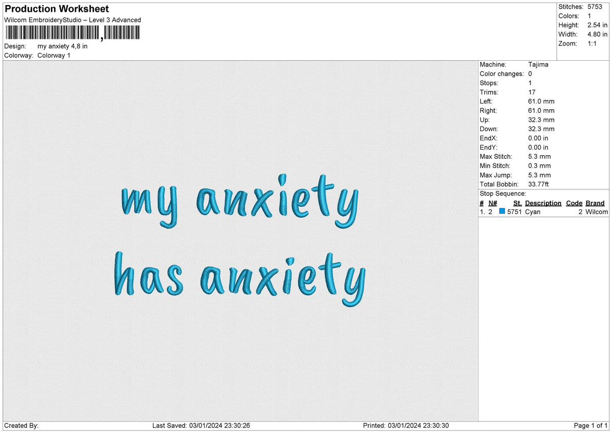My anxiety Embroidery File 6 size