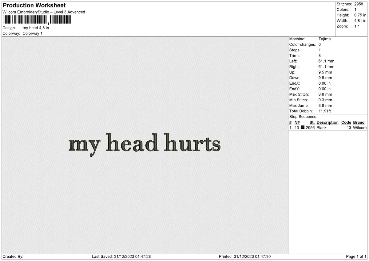 My head Embroidery File 6 size