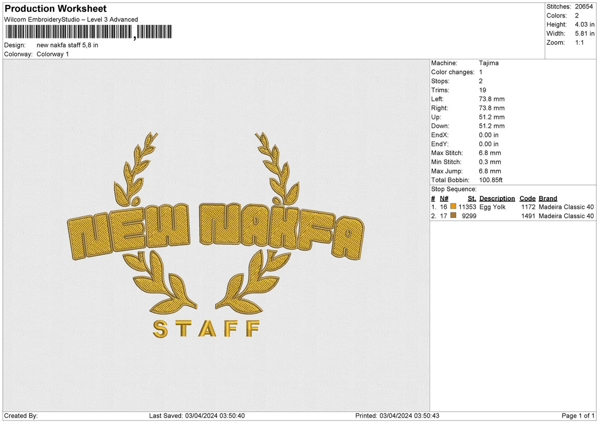 New Nakfa Staff Embroidery File 6 size