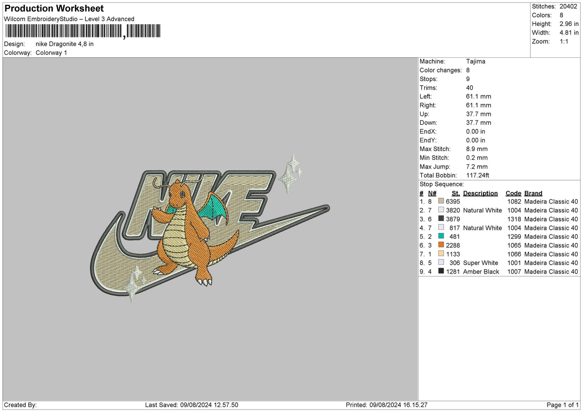 Nike Dragonite 24 Embroidery File 6 sizes