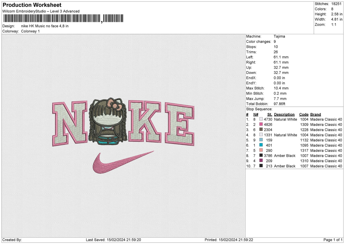Nike HK Music no face Embroidery File 6 size