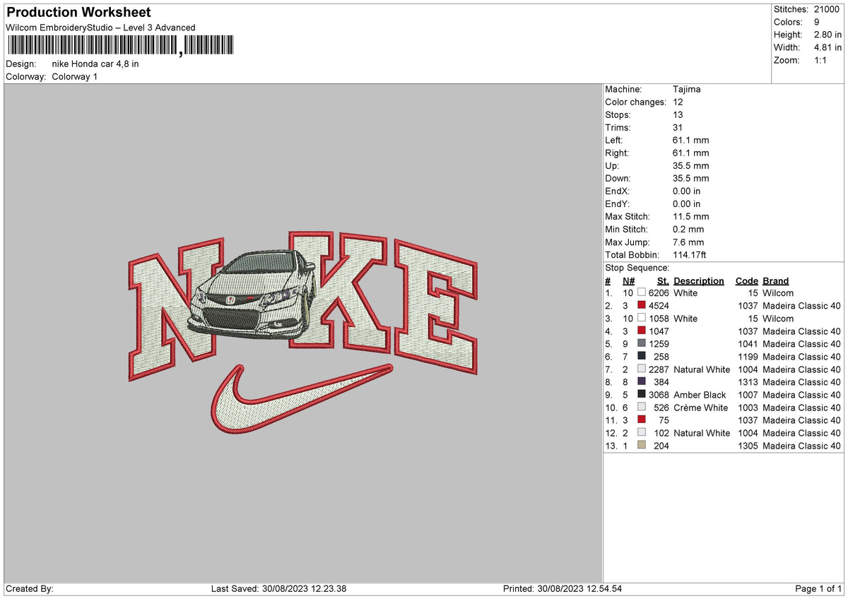 Nike Honda Car Embroidery File 6 sizes