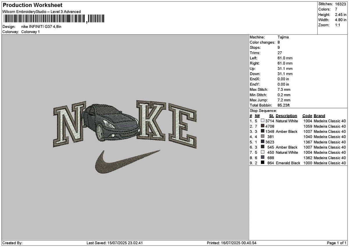 Nike Car G37 Embroidery File 6 sizes