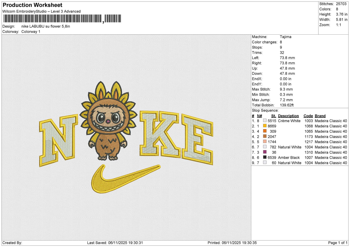 Nike LABUBU Su flower Embroidery File 6 sizes