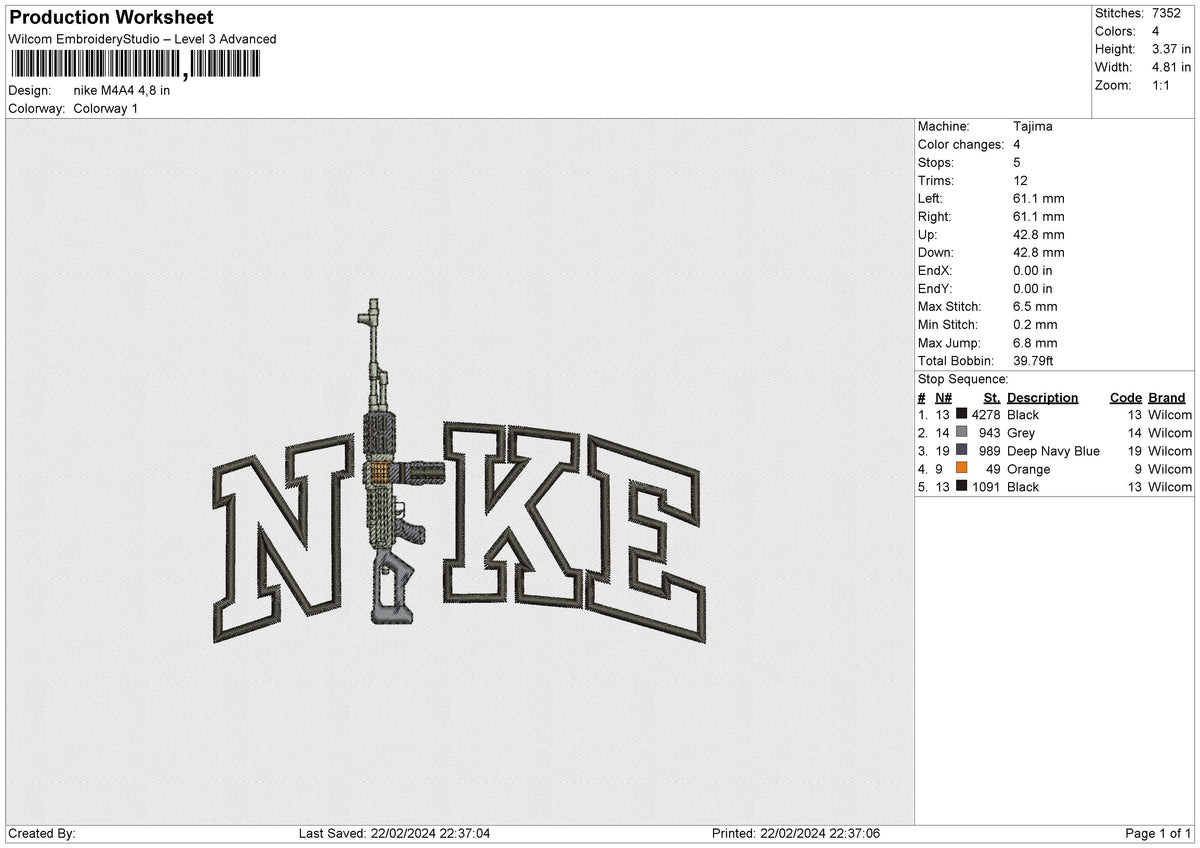 Nike M4A4 Embroidery File 6 size
