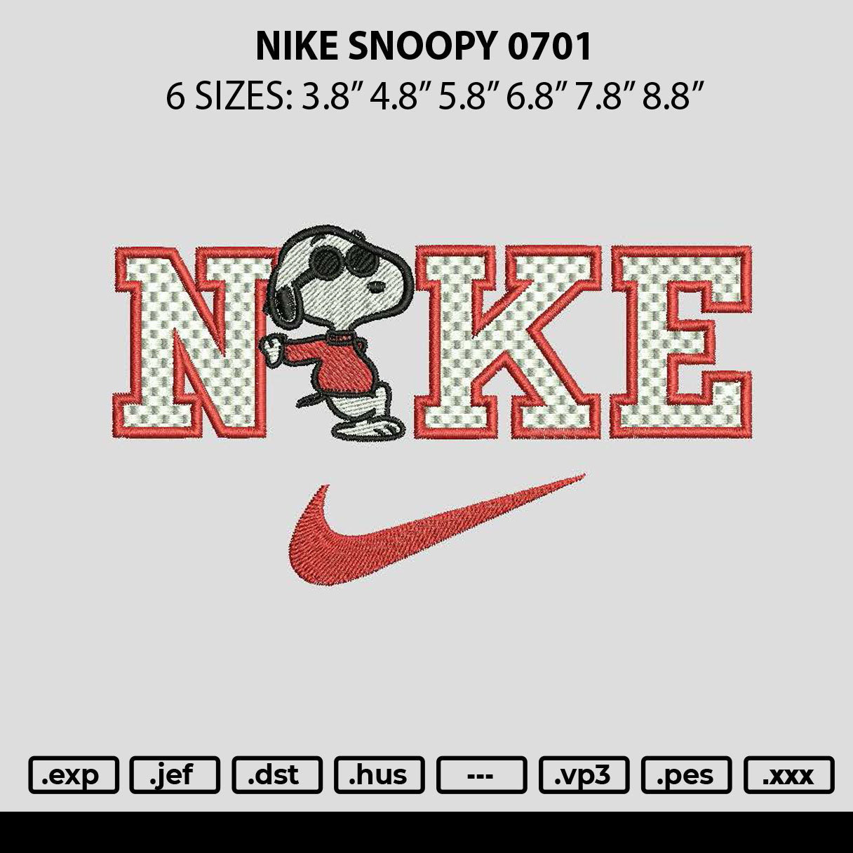 Nike Snoopy 0701 Embroidery File 6 sizes