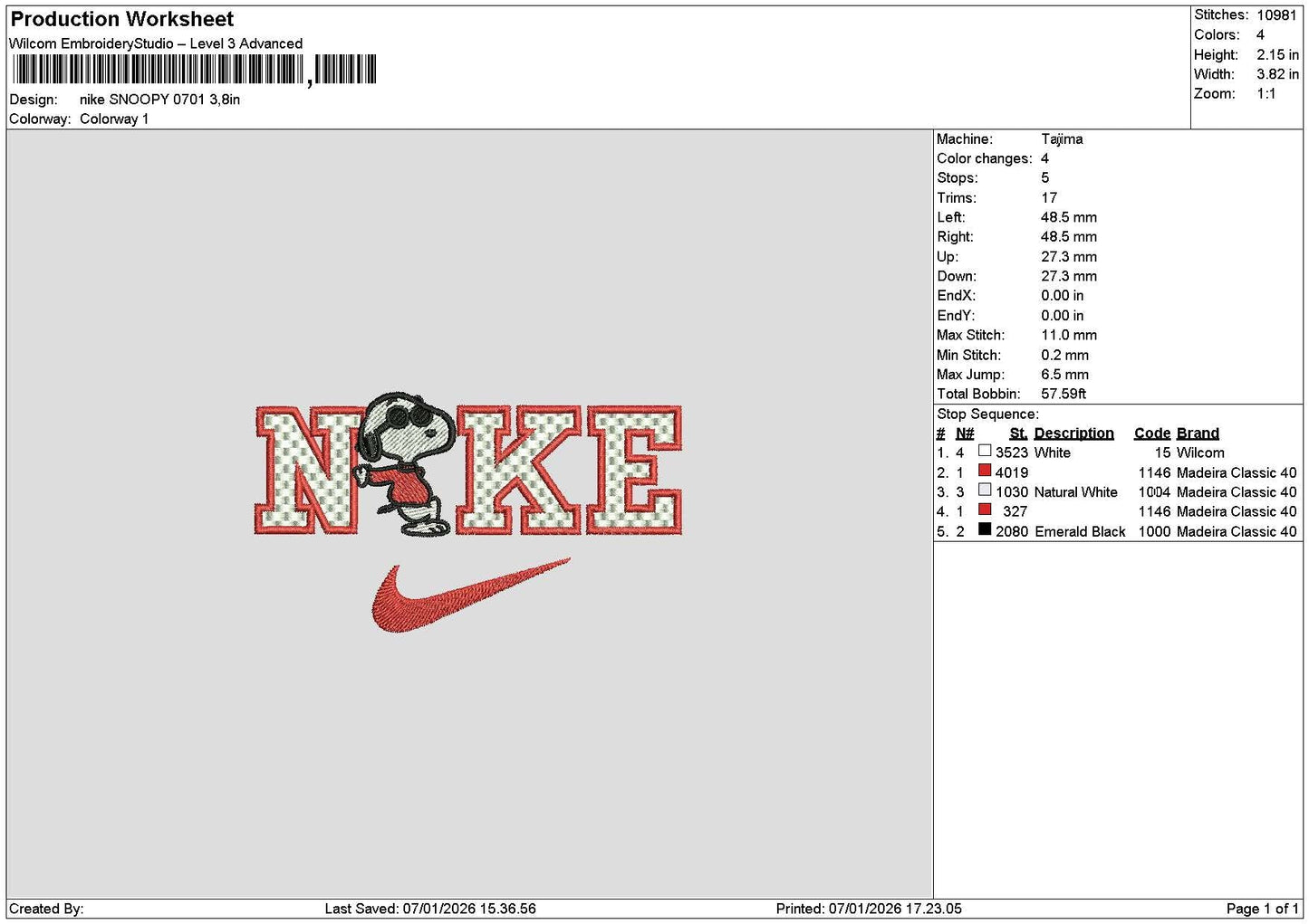 Nike Snoopy 0701 Embroidery File 6 sizes