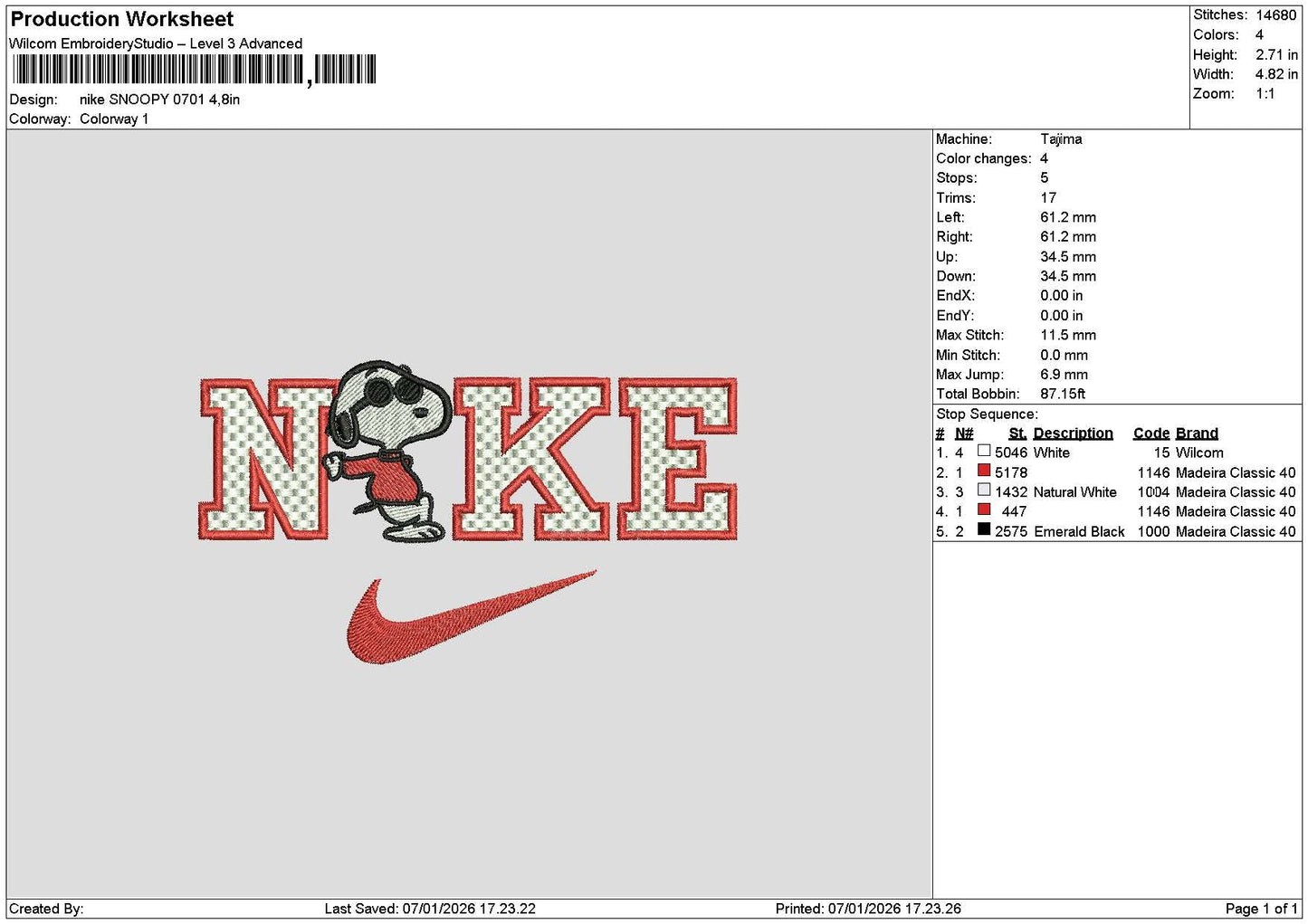 Nike Snoopy 0701 Embroidery File 6 sizes