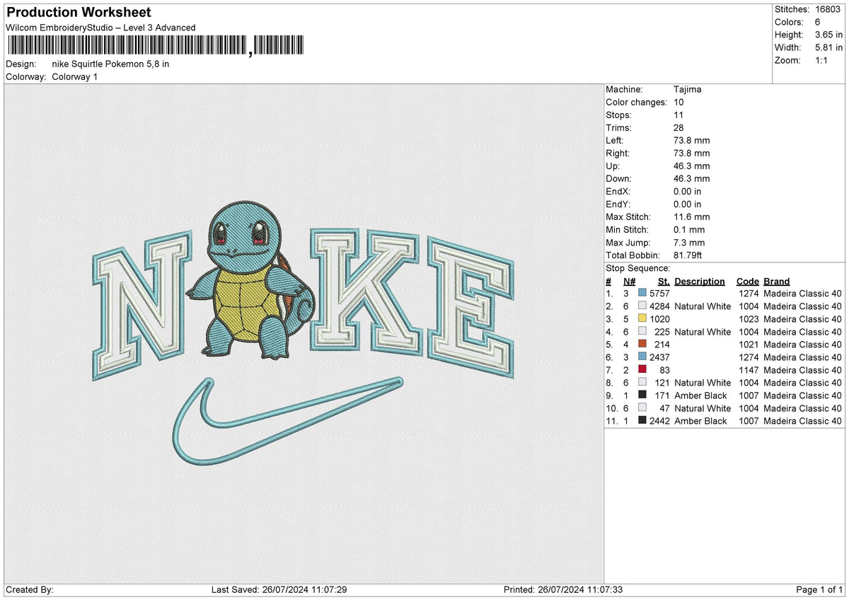 Nike Squirtle Pokemon Embroidery File 6 size