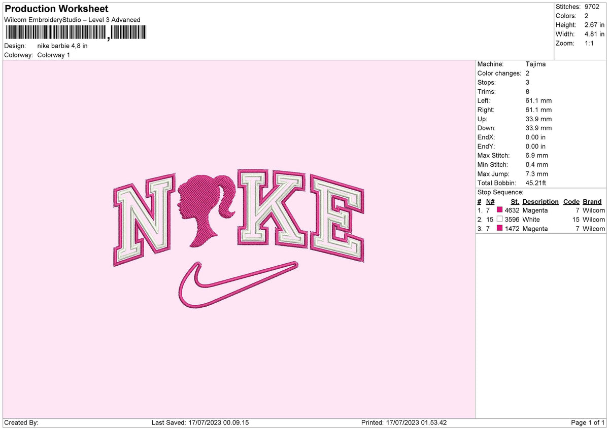Nike Barbie Embroidery File 6 sizes
