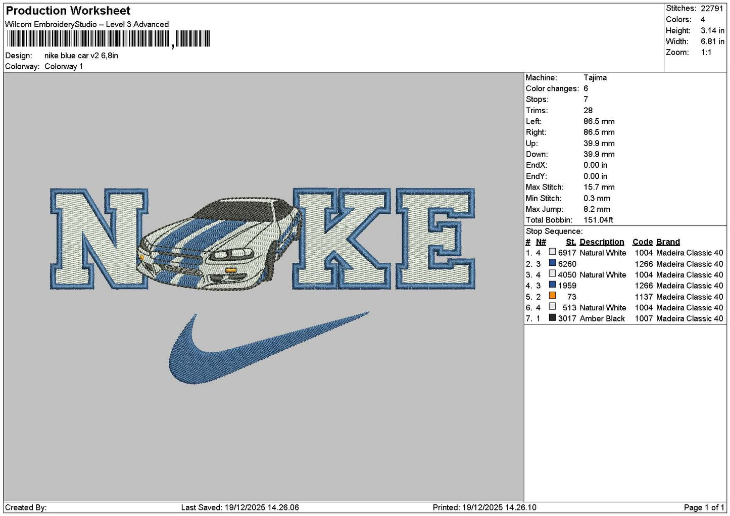 Nike Blue Car V002 Embroidery File 6 Sizes