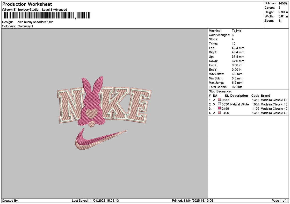 Nike Bunny 1104 Embroidery File 6 sizes