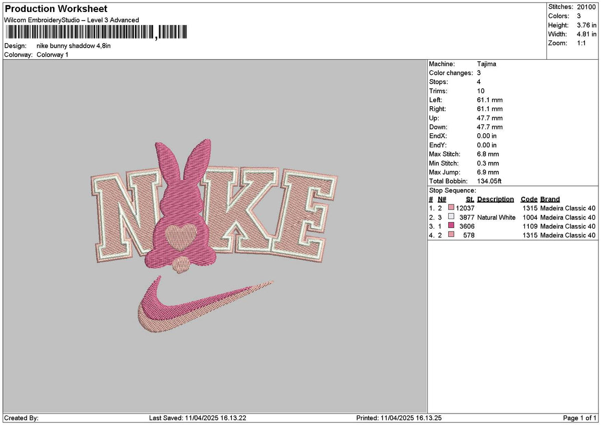 Nike Bunny 1104 Embroidery File 6 sizes