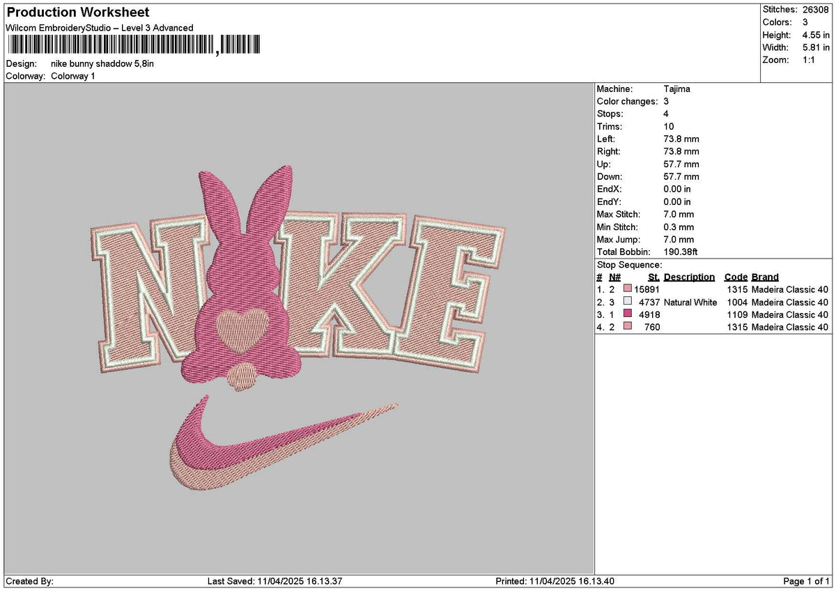 Nike Bunny 1104 Embroidery File 6 sizes