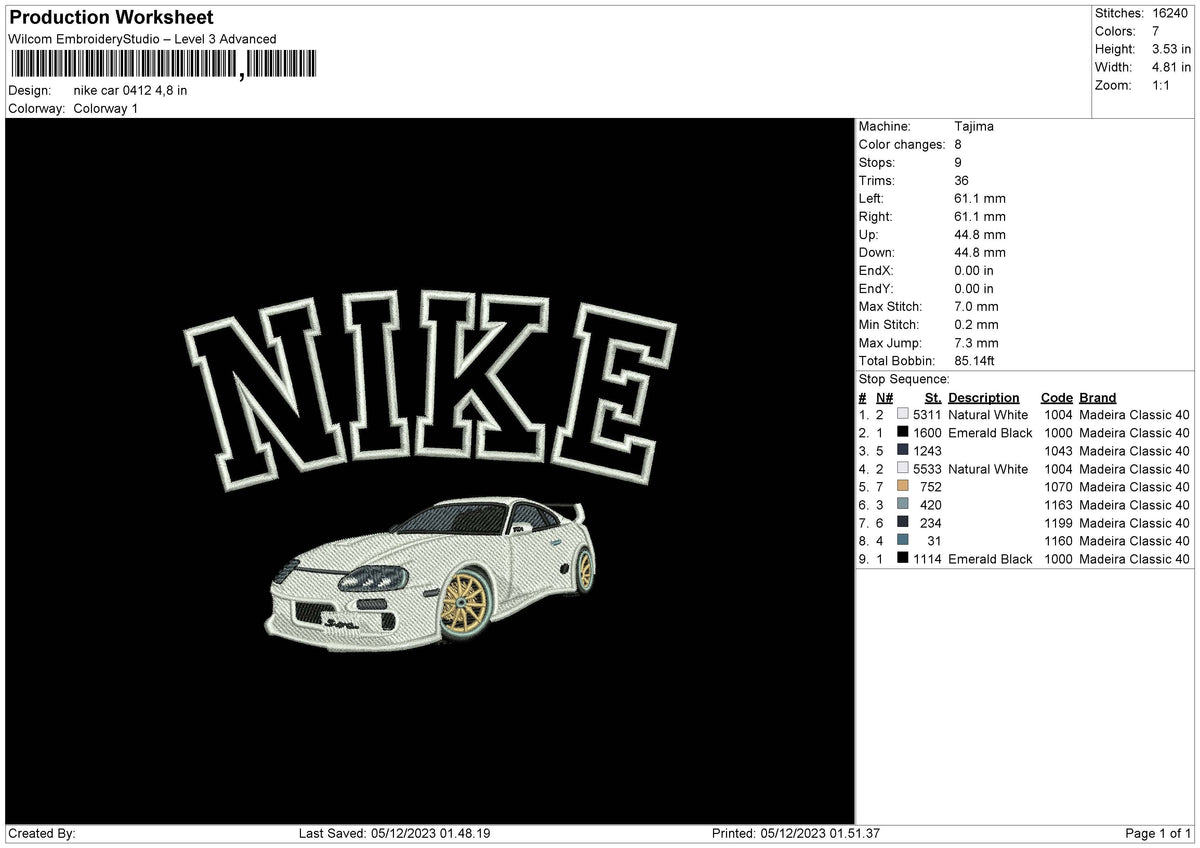NIKE Car 0412 Embroidery File 6 sizes