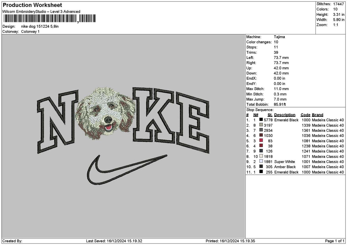 Nike Dog 1512 Embroidery File 6 sizes