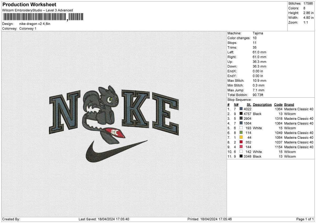 Nike dragon v2 Embroidery File 4 size