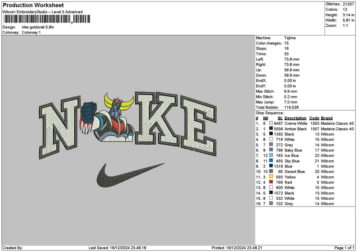 Nike Goldorak Embroidery File 6 sizes