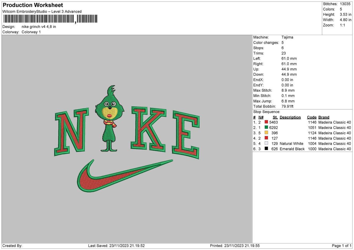 Nike Grinch V4 Embroidery File 6 sizes