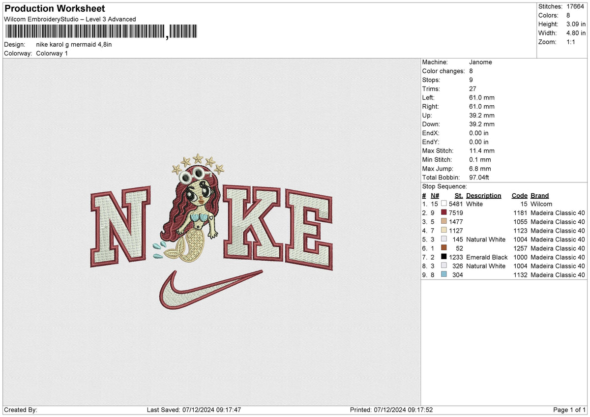 Nike Karol G Mermaid Embroidery File 6 size