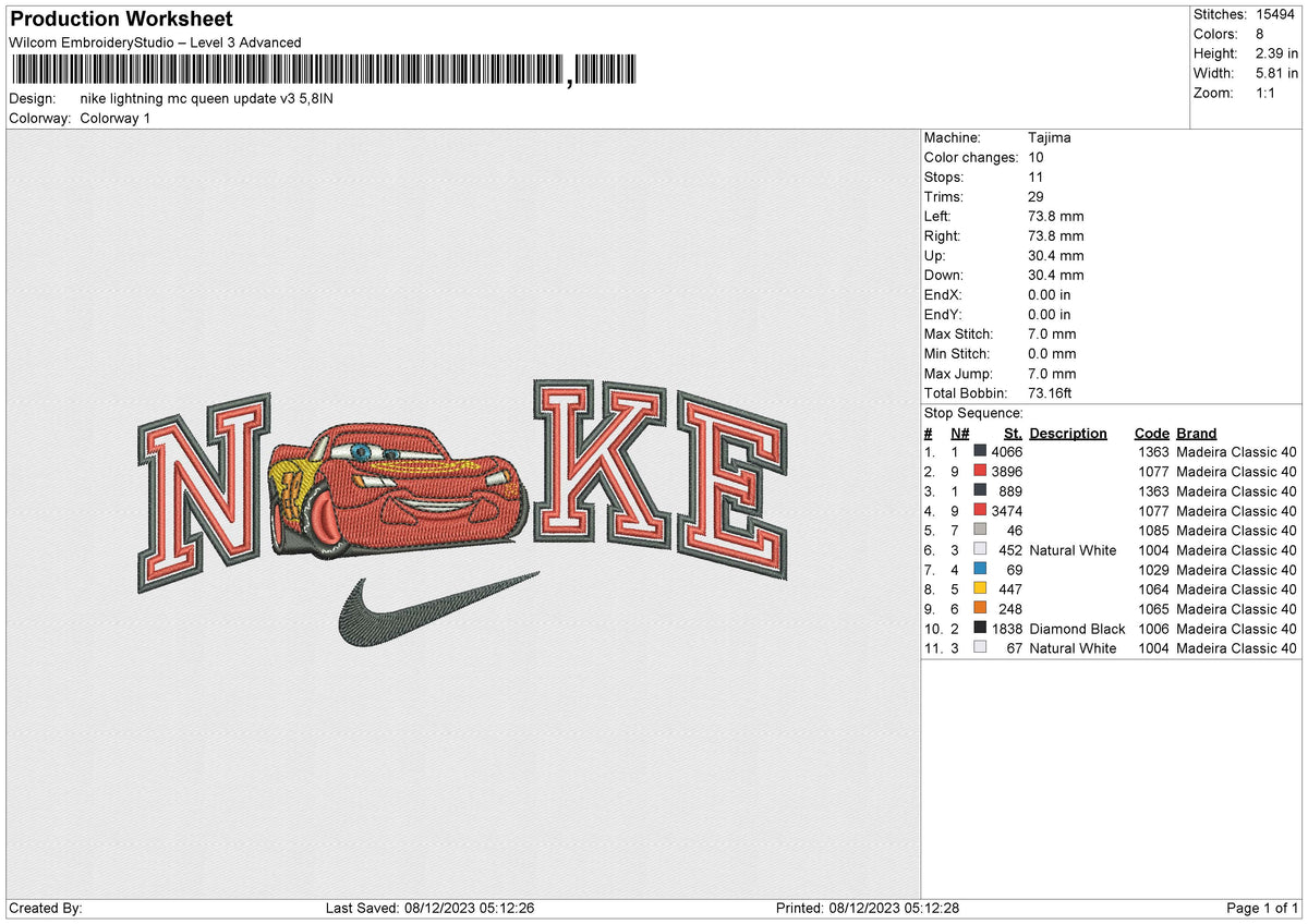 Nike lightning mc queen v3 Embroidery File 6 size