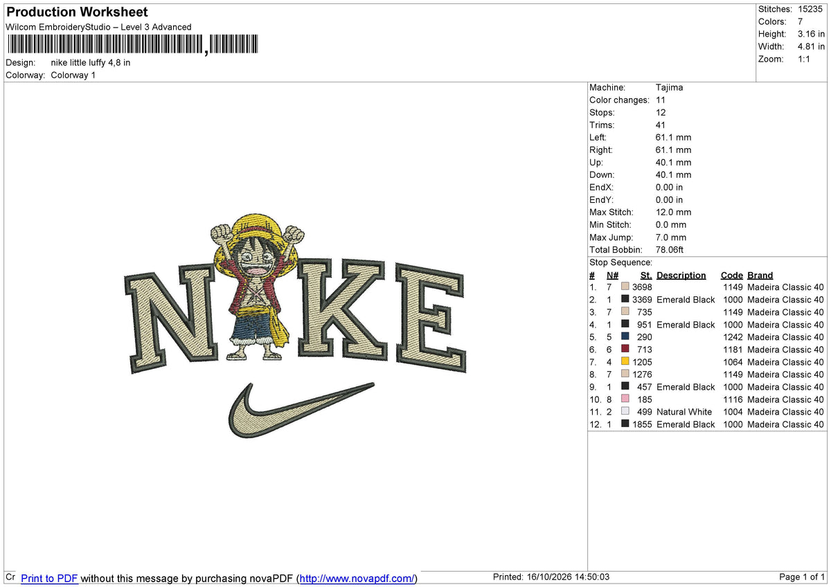 Nike little luffy Embroidery File 6 size