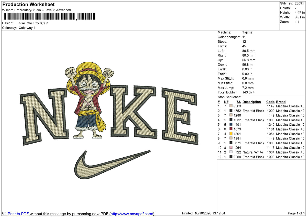 Nike little luffy Embroidery File 6 size