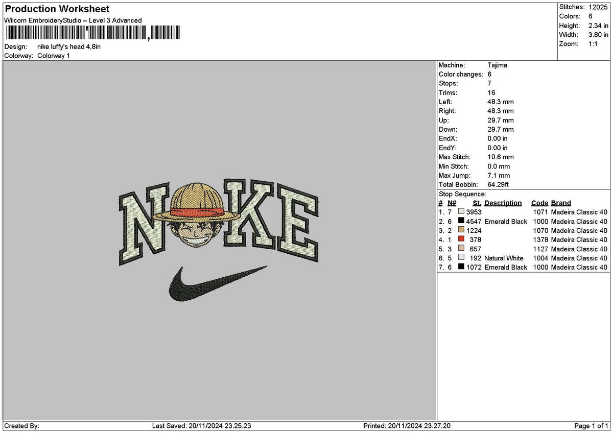 Nike Luffy Head Embroidery File 6 sizes