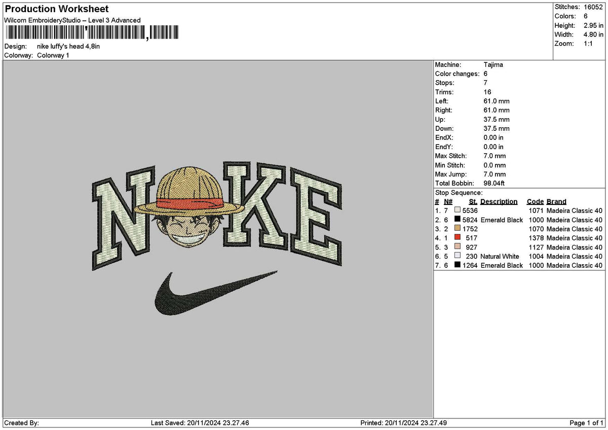 Nike Luffy Head Embroidery File 6 sizes