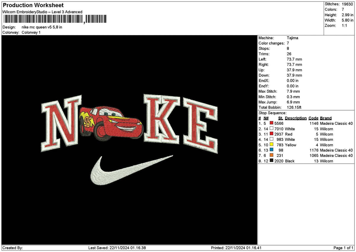 Nike Mcqueen V5 Embroidery File 6 sizes