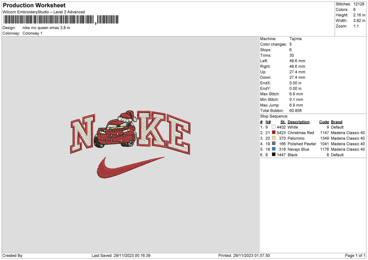 Nike McQueen Xmas Embroidery File 6 sizes