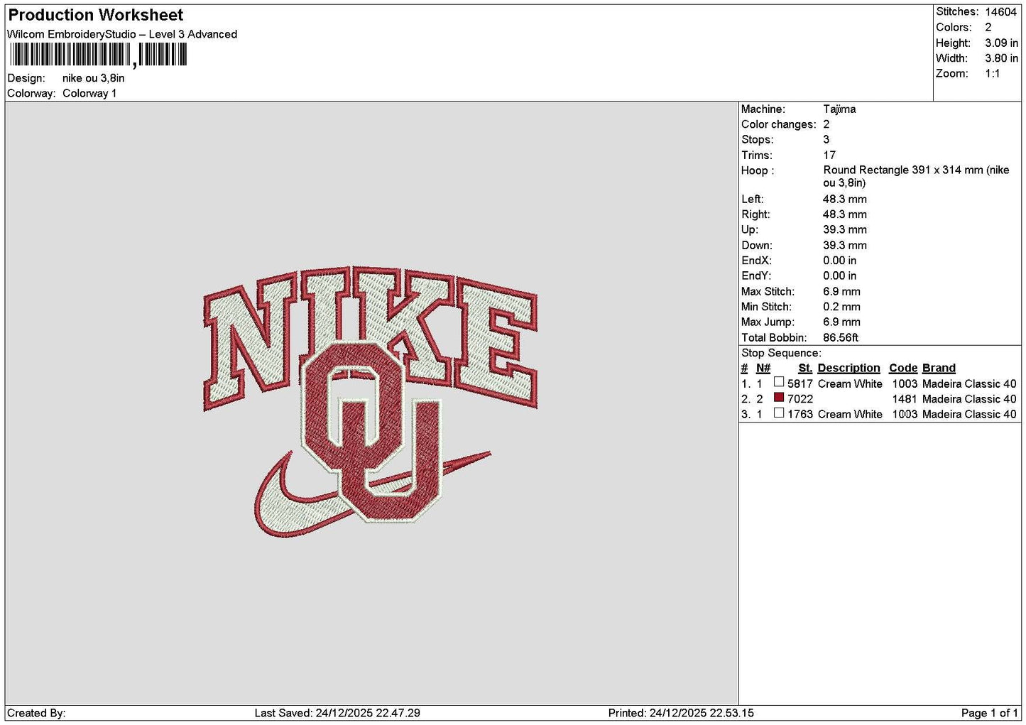 Nike Ou Embroidery File 6 sizes