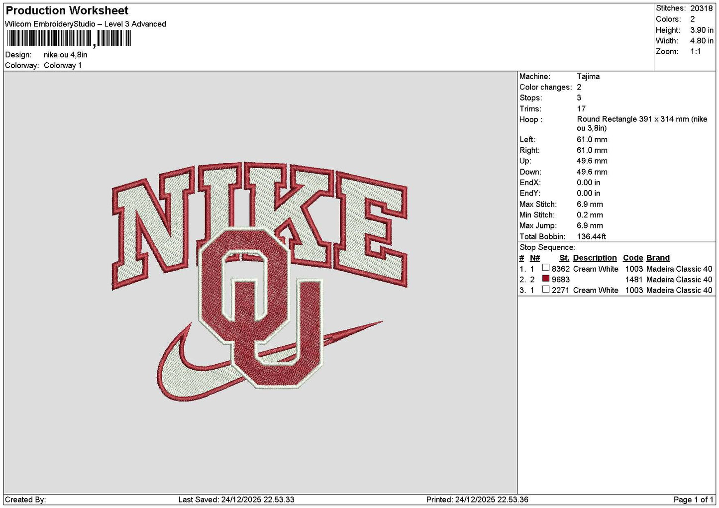 Nike Ou Embroidery File 6 sizes