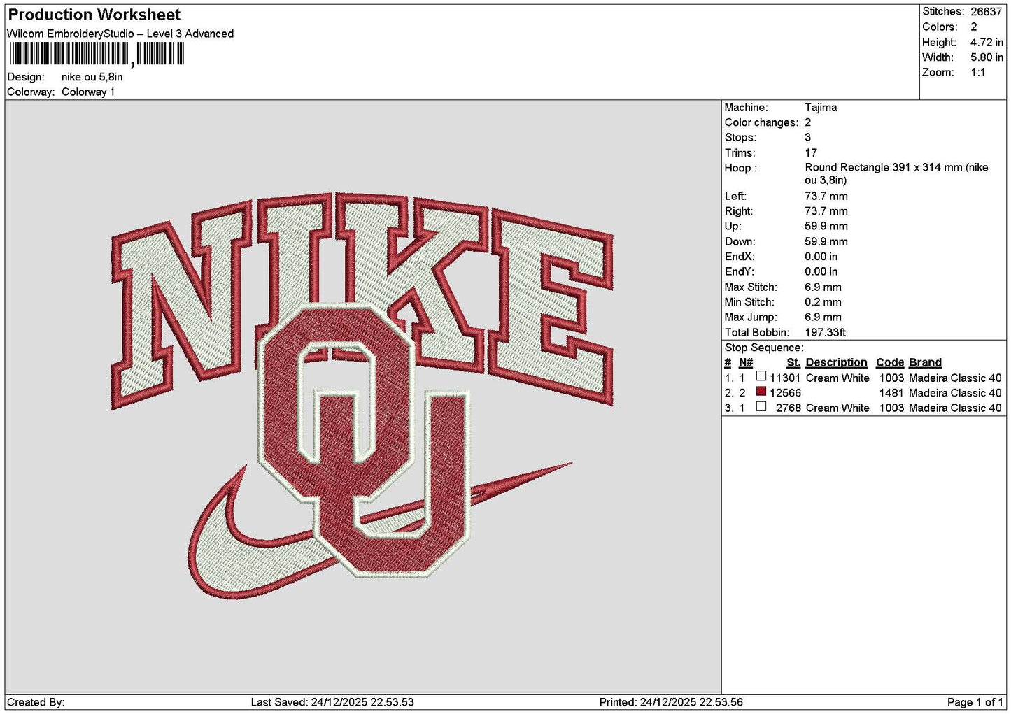 Nike Ou Embroidery File 6 sizes