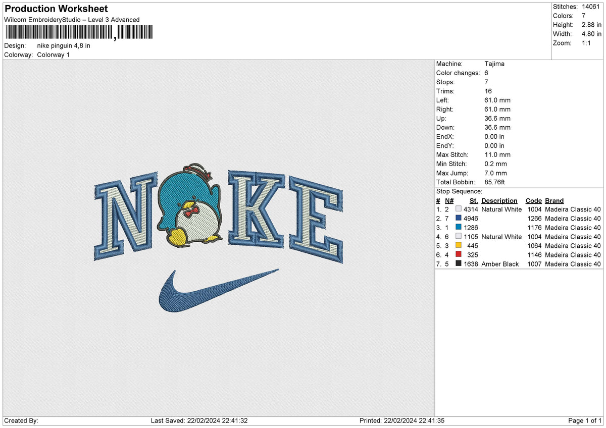 Nike pinguin Embroidery File 6 size