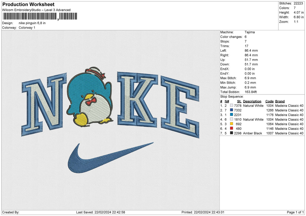 Nike pinguin Embroidery File 6 size