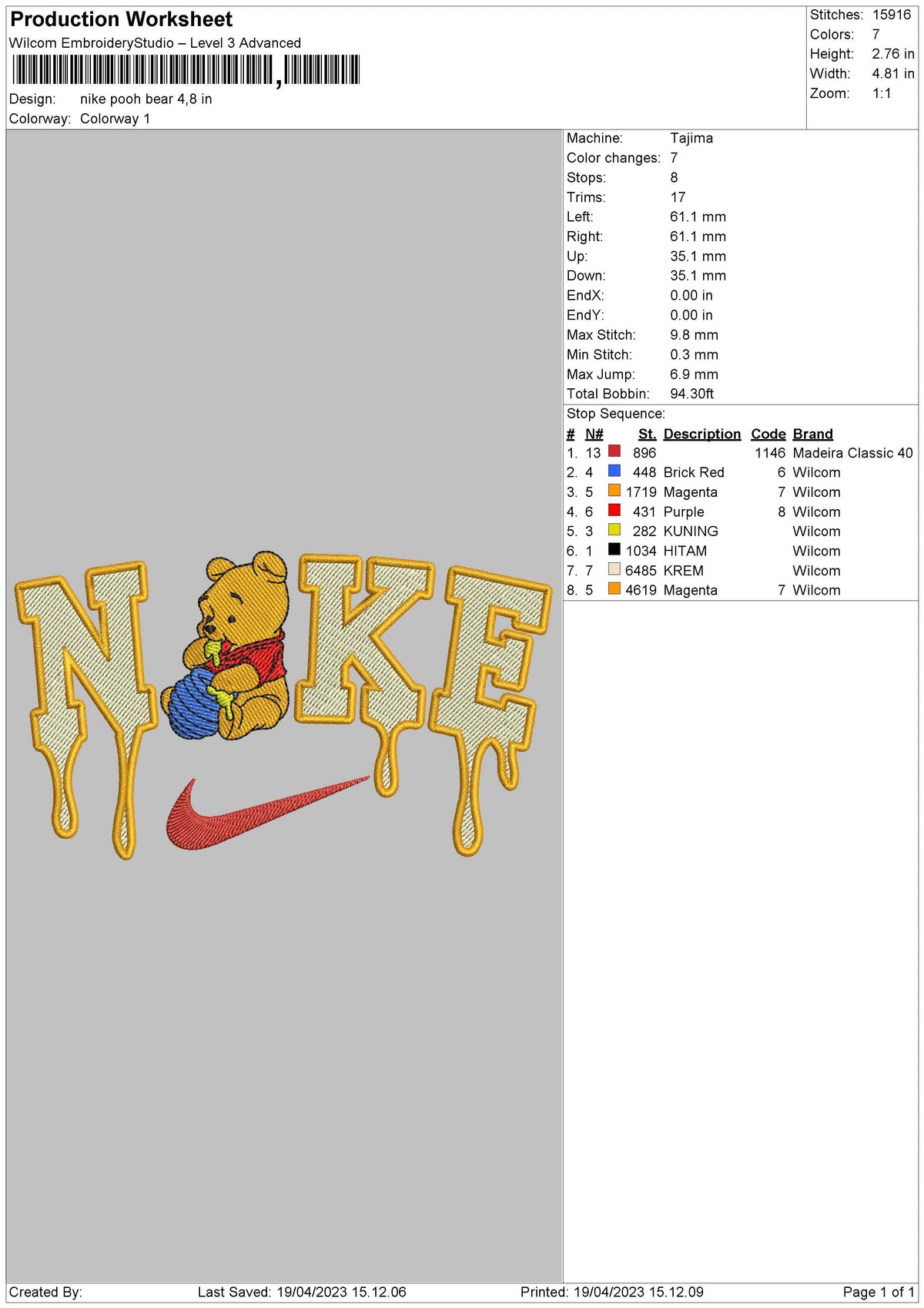 Nike Honey Bear Embroidery File 6 sizes