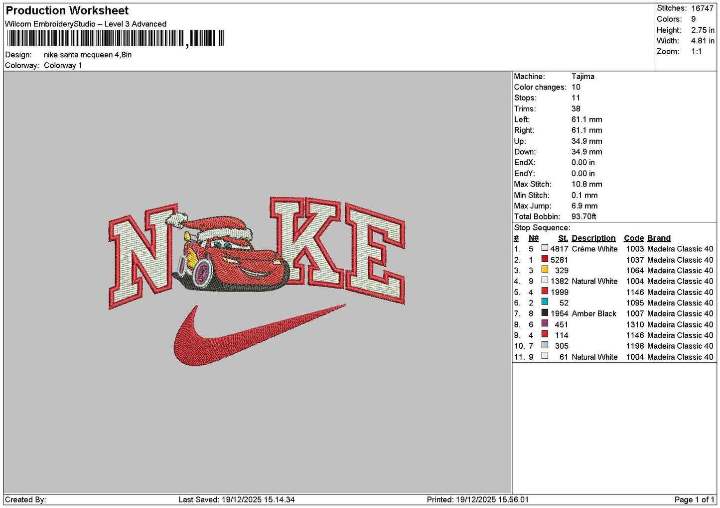 Nike Santa Mcqueen Emboidery File 6 sizes