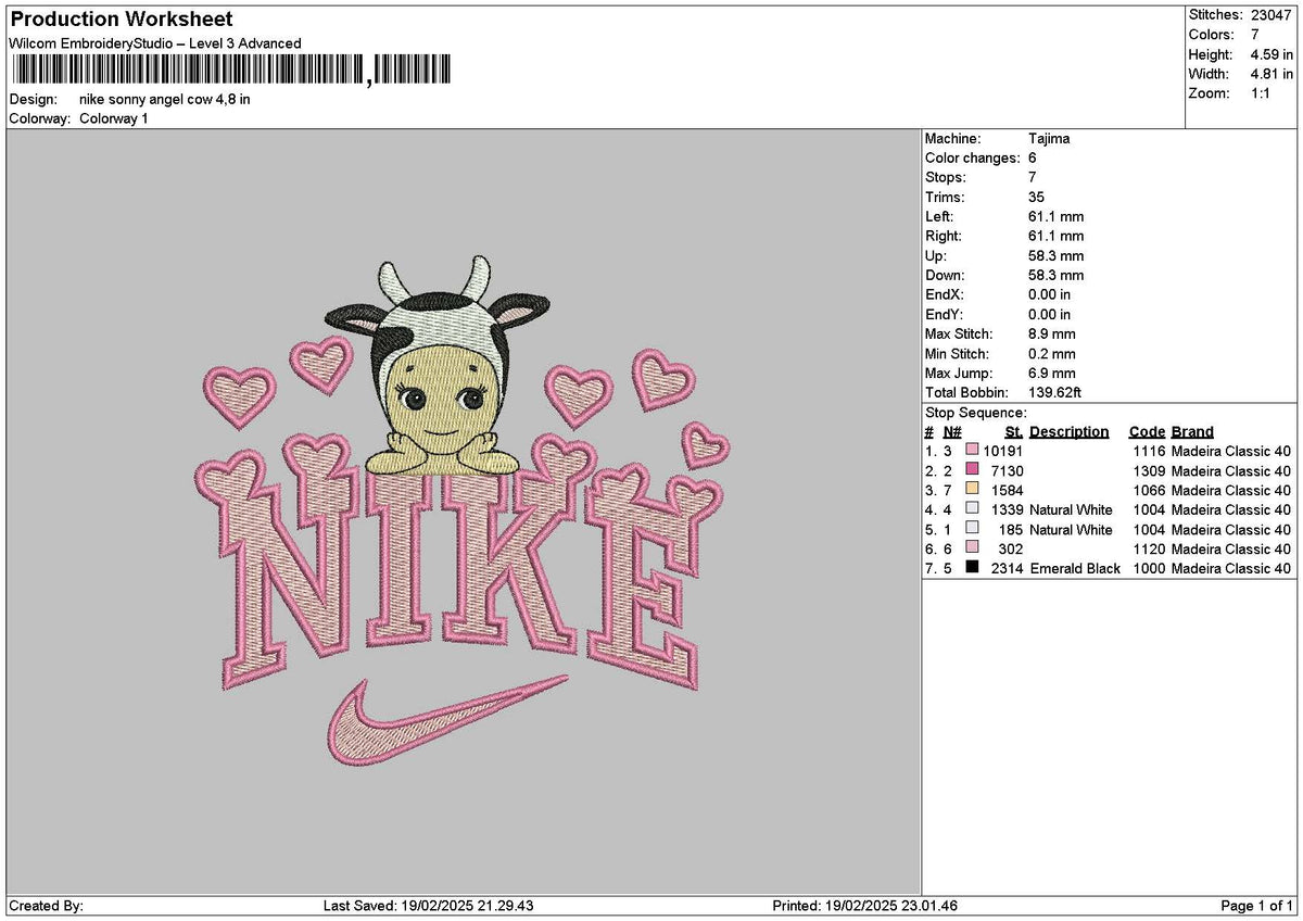 Nike Sonny Cow Embroidery File 6 sizes