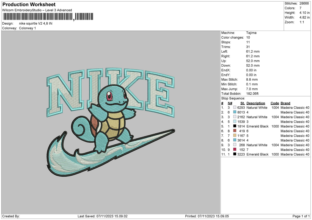 Nike Squirtle V2 Embroidery File 6 sizes
