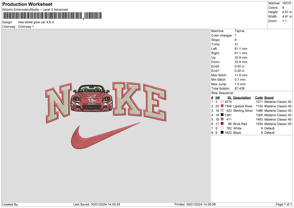 Nike Pink Car 02 Embroidery File 6 sizes