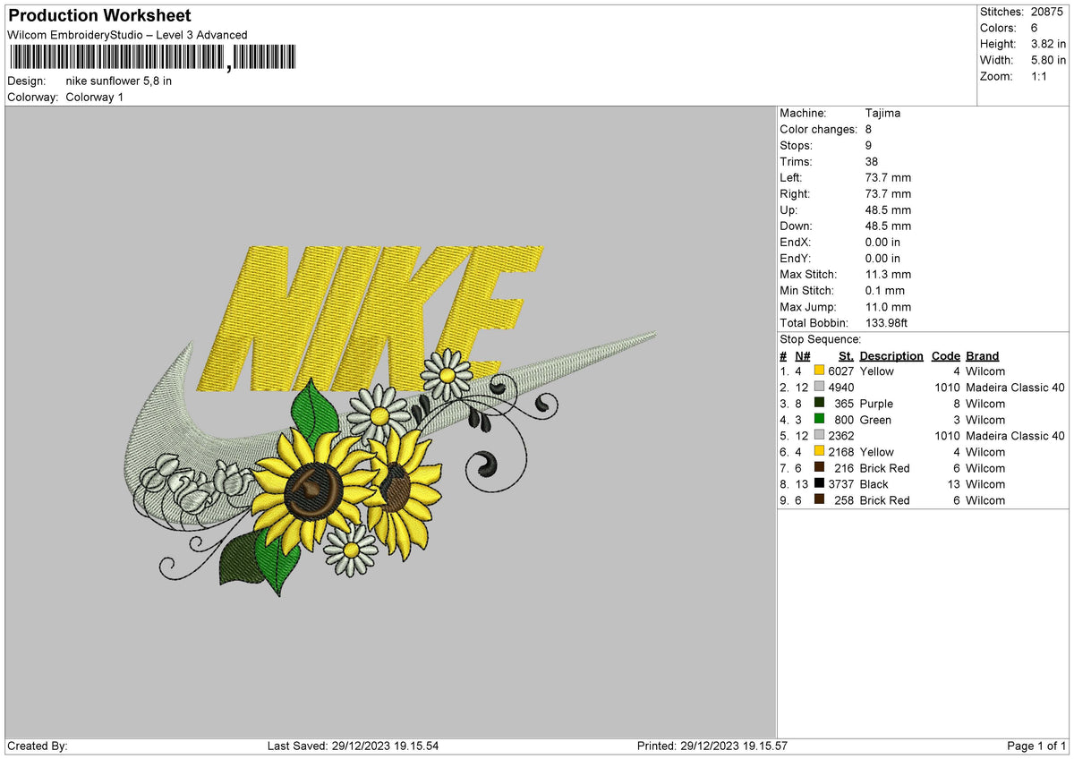 Nike Sunflower Embroidery File 6 sizes