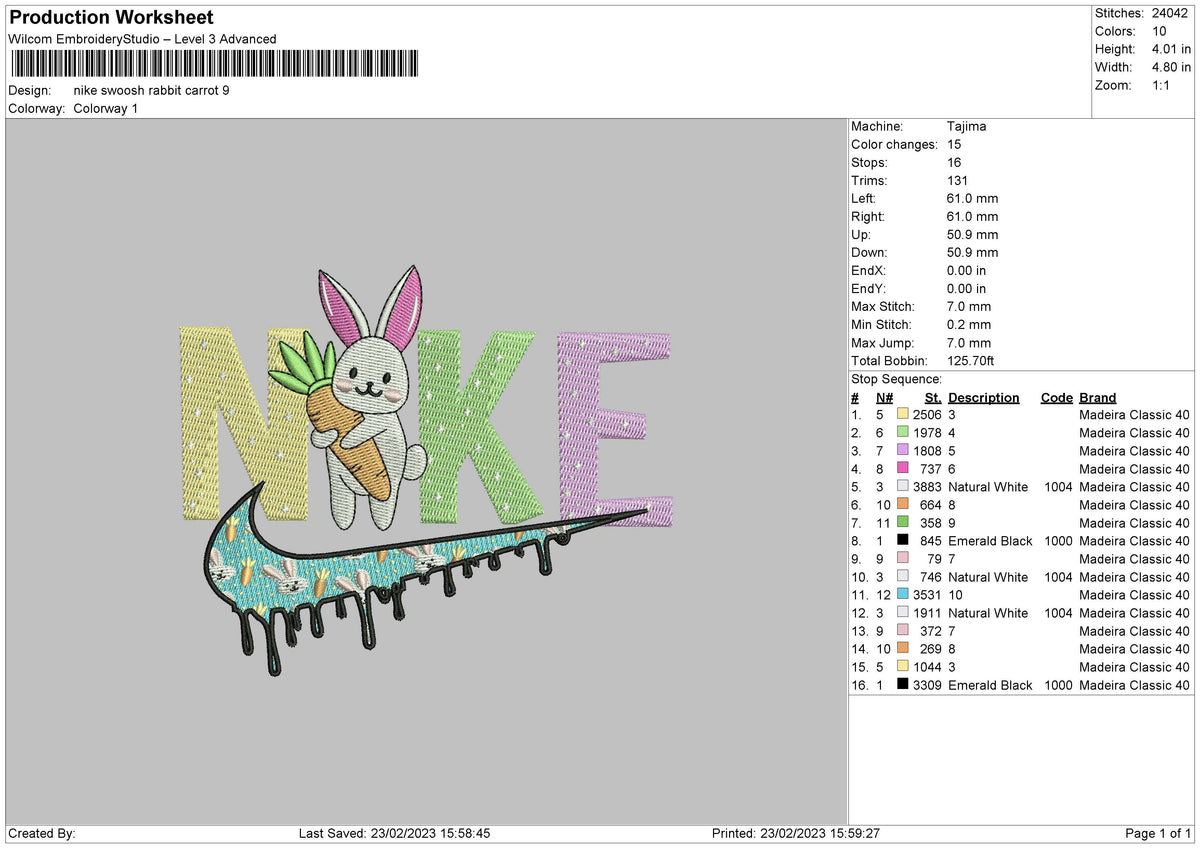 Nike Swoosh Rabbit Carrot Embroidery File 6 sizes