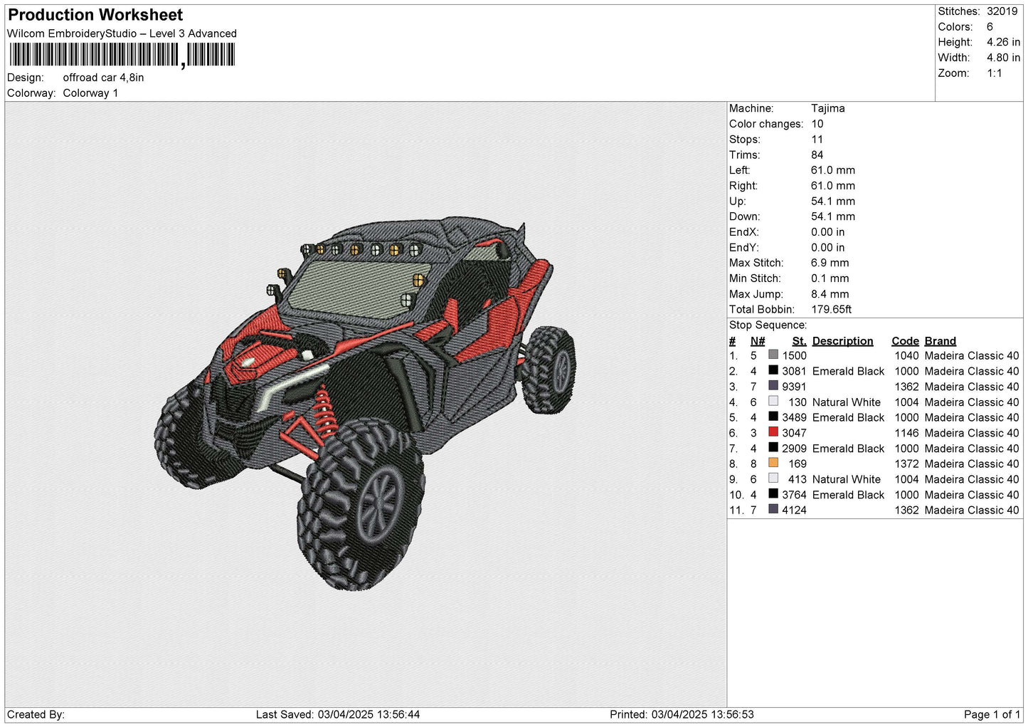 Offroad Car Embroidery File 6 size