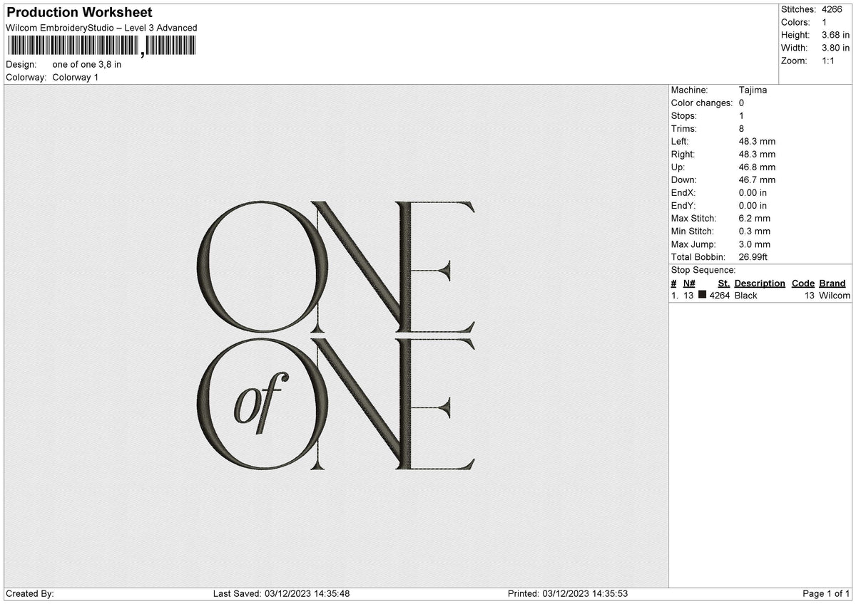 one of one Embroidery File 6 size