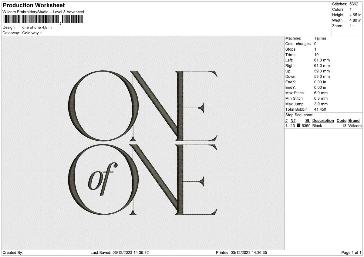 one of one Embroidery File 6 size
