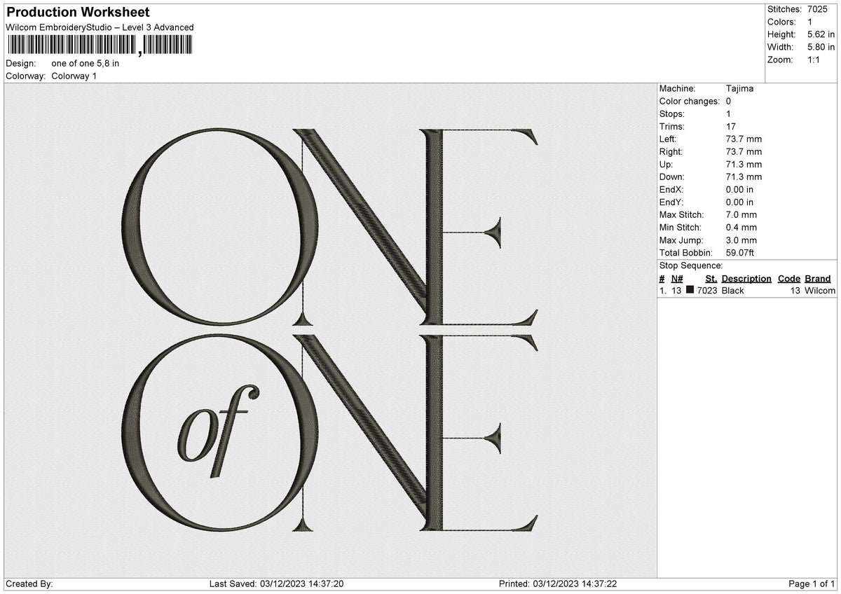 one of one Embroidery File 6 size