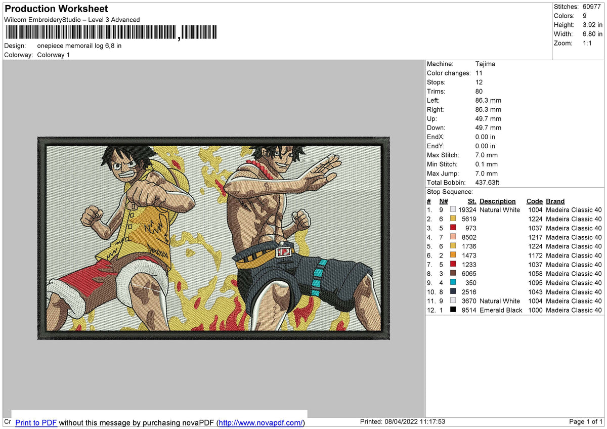 One Piece Memorail Log Embroidery