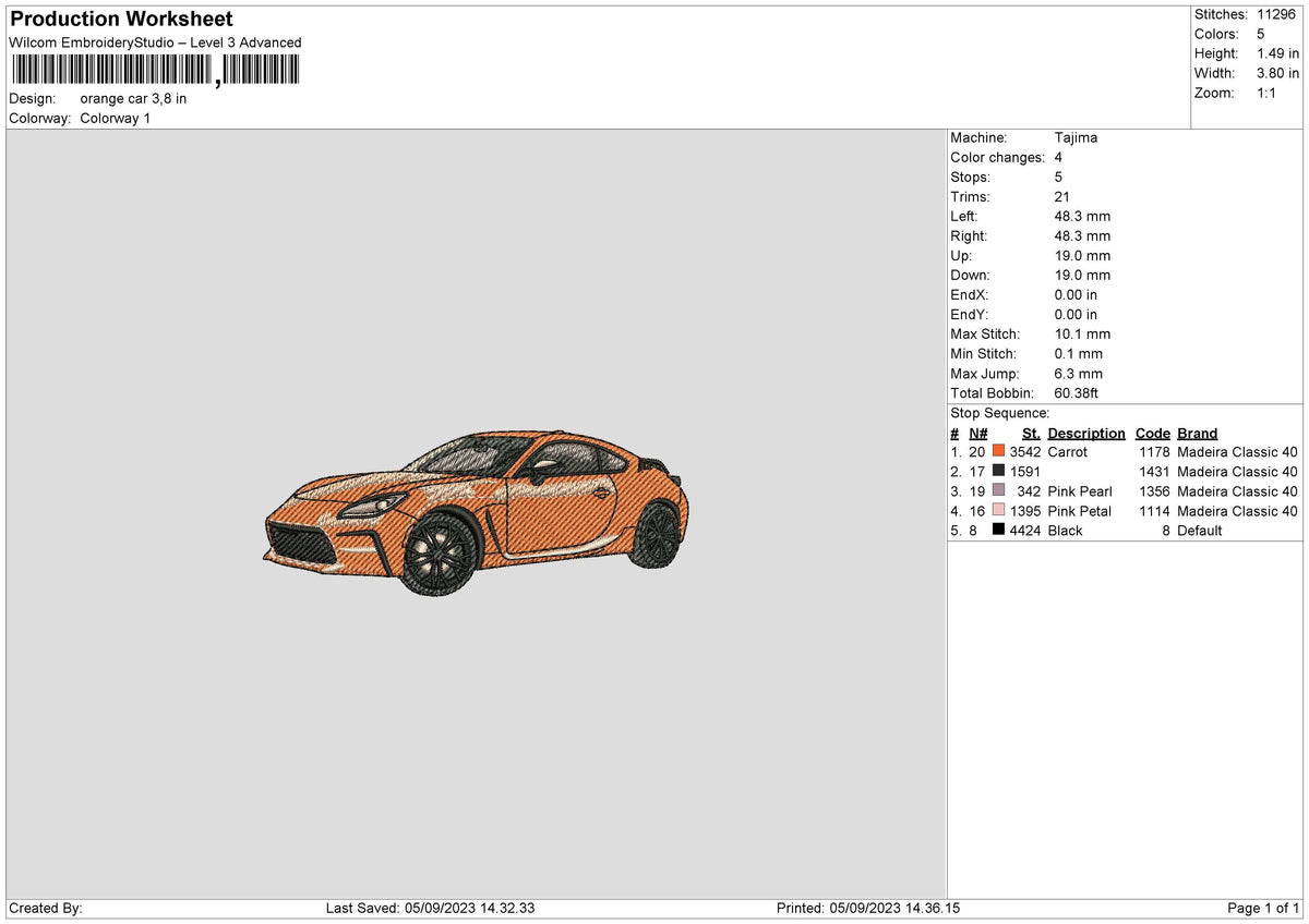 Orange Car Embroidery File 6 sizes
