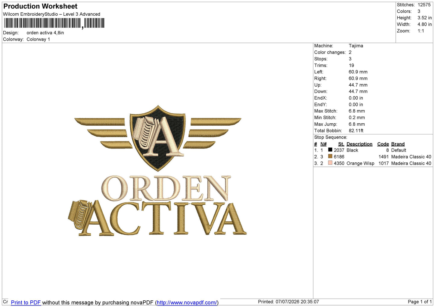 orden activa Embroidery File 6 size